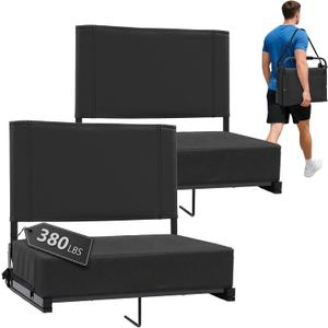 Sekey Stadium Seats with Back Support 2pcs Padded Portable Bleacher Seat with Handle Shoulder Strap - Wide Bleacher Chair with Back and Cushion for Sports & Outdoor Events Black