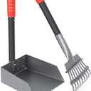 Heeyoo Dog Pooper Scooper, Dog Poop Tray and Rake Set, Pet Waste Removal Scoop with Long Adjustable Sectional Stainless Handles, 2 Pieces (Black/Red)