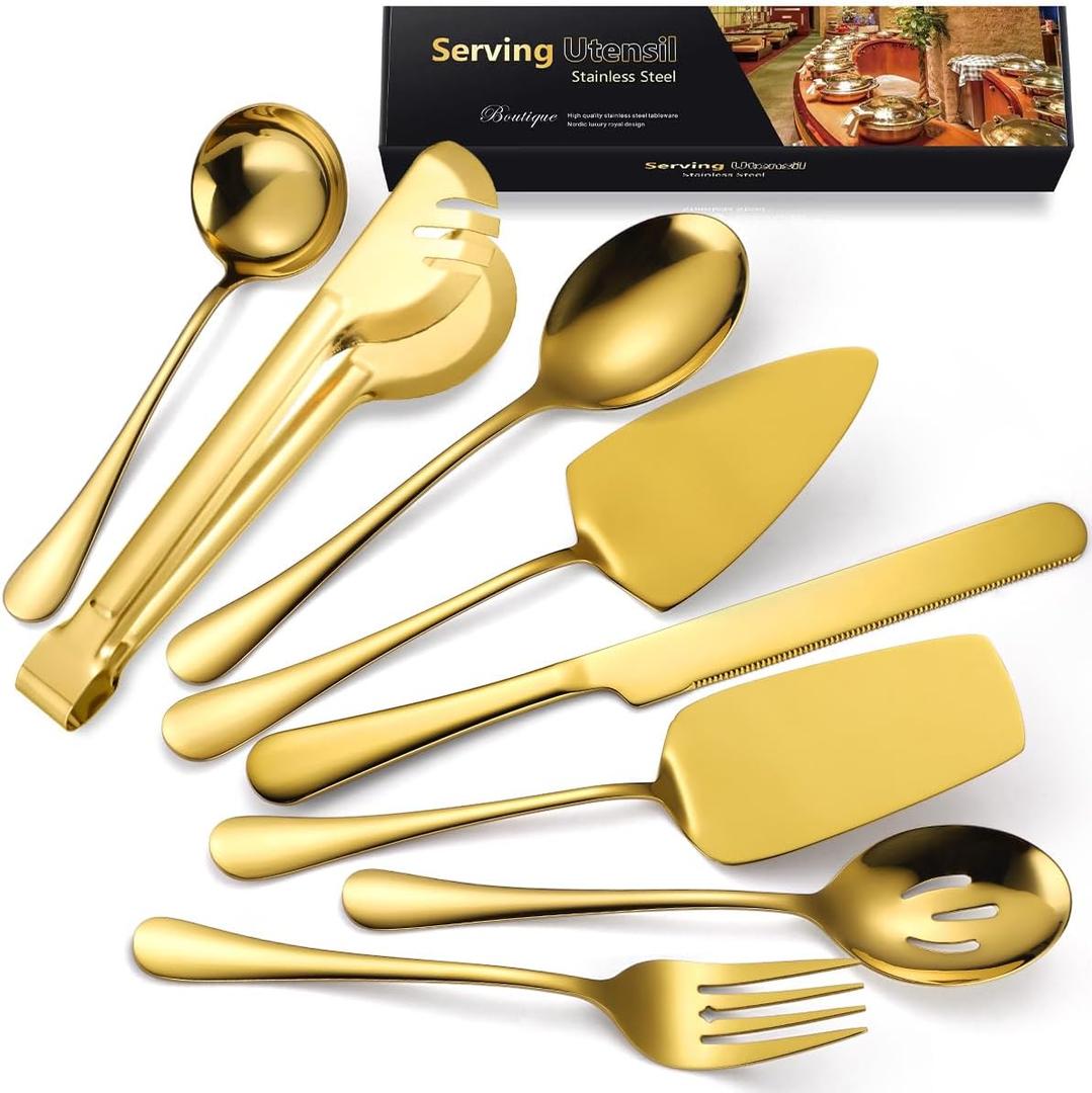 AARAINBOW Hostess Serving Utensils Set Large, 8 Pcs Stainless Steel Serving Utensils for Parties Buffet, Flatware Serving Sets with Serving Spoon Slotted Spoons Serving Forks (Golden)