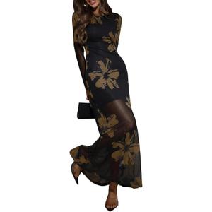 Verdusa Women's Floral Mesh Maxi Dresses Elegant Formal Long Sleeve Spring Wedding Guest Dress Cocktail, Size S (Black)