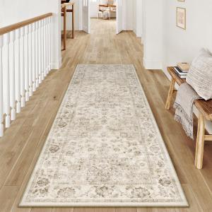 2x6 Washable Neutral Runner Rug Beige Vintage Hallway Kitchen Carpet Non-Slip Soft Low Pile Floral Throw Rug for Bedroom Bathroom Laundry Living Room