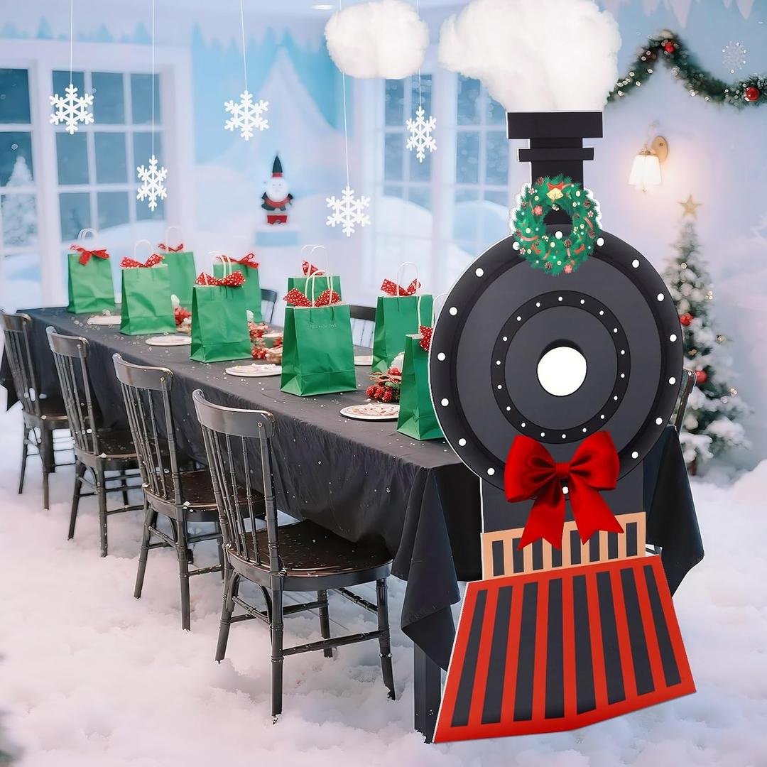 Oudain 2 Pcs Christmas Express Train Decoration Steam Train Table Decoration with Black Tablecloth Vehicle Trip Cardboard Cutout for Xmas Express Railroad Birthday Party School Classroom Decor
