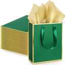 Yeaqee 24 Pack Metallic Paper Gift Bags with Handle and Tissue 9x7x3.1 Welcome Gift Thank You Bags for Wedding Father's Day Bridal Shower Groomsmen Birthday Party(Green Gold)