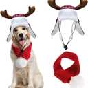 Christmas Antler Check Dog Santa Hat and Xmas Pet Red Knit Scarf with White Pompom Ball - Winter Neck Warmer and Festive Party Dress-up for Pets (Large)