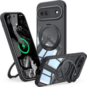 360 Spin Magnetic Stand Case for Google Pixel 8A Fit for MagSafe & Pixelsnap Cover with Ring Holder No-Yellow Crystal Clear Camera Protection Phone Google Pixel 8A Case - Black