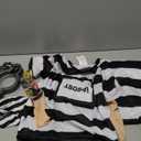 Prisoner Jail Halloween Costume with Tattoo Sleeve and Toy Handcuffs for Kids (Large (10-12yr)) White