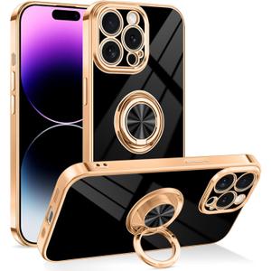 Dinick Designed for iPhone 14 Pro Case with Ring Holder Soft TPU Bumper Glitter Plated Slim Cover for Women Men Finger Stand for iPhone 14 Pro Case Black and Gold