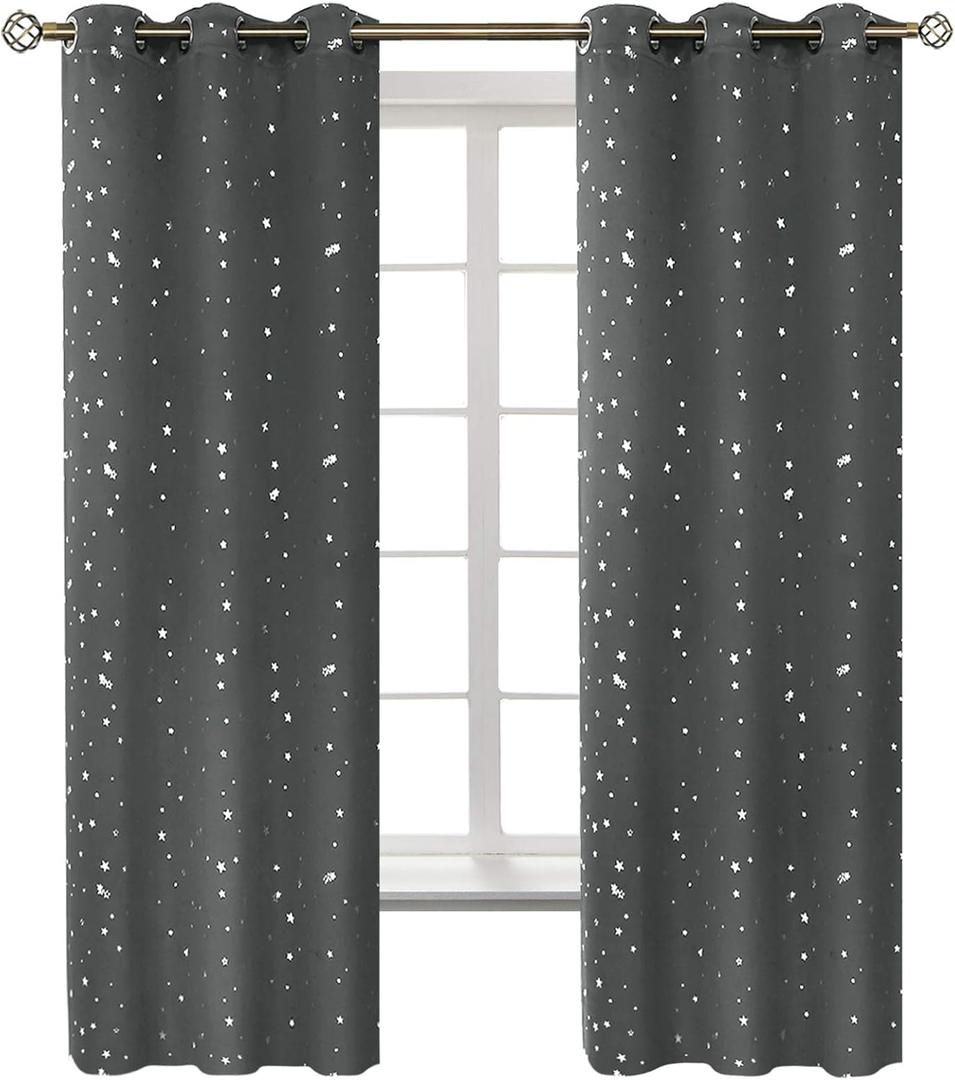 BGment Kids Blackout Curtains for Bedroom - Grommet Thermal Insulated Silver Star Print Room Darkening Curtains for Living Room, Set of 2 Panels (42 x 54 Inch, Dark Grey)