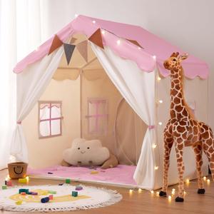 Besrey Kids Playhouse 2 in 1 With Padded Mat and Lights - Large Tent With 2 Doors & 4 Windows for Indoor & Outdoor Use - Christmas Toddler Gift, 51" x 35" x 51" (Pink)