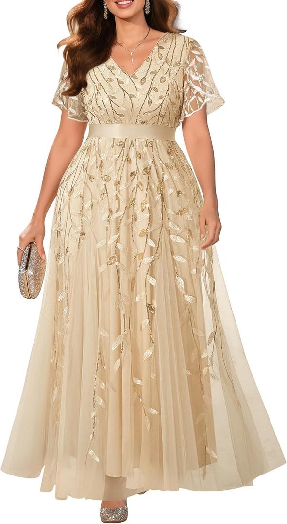 Pinup Fashion Plus Size Formal Dresses - Evening Gowns Wedding Sequin Embroidery V-Neck Prom Long Dress