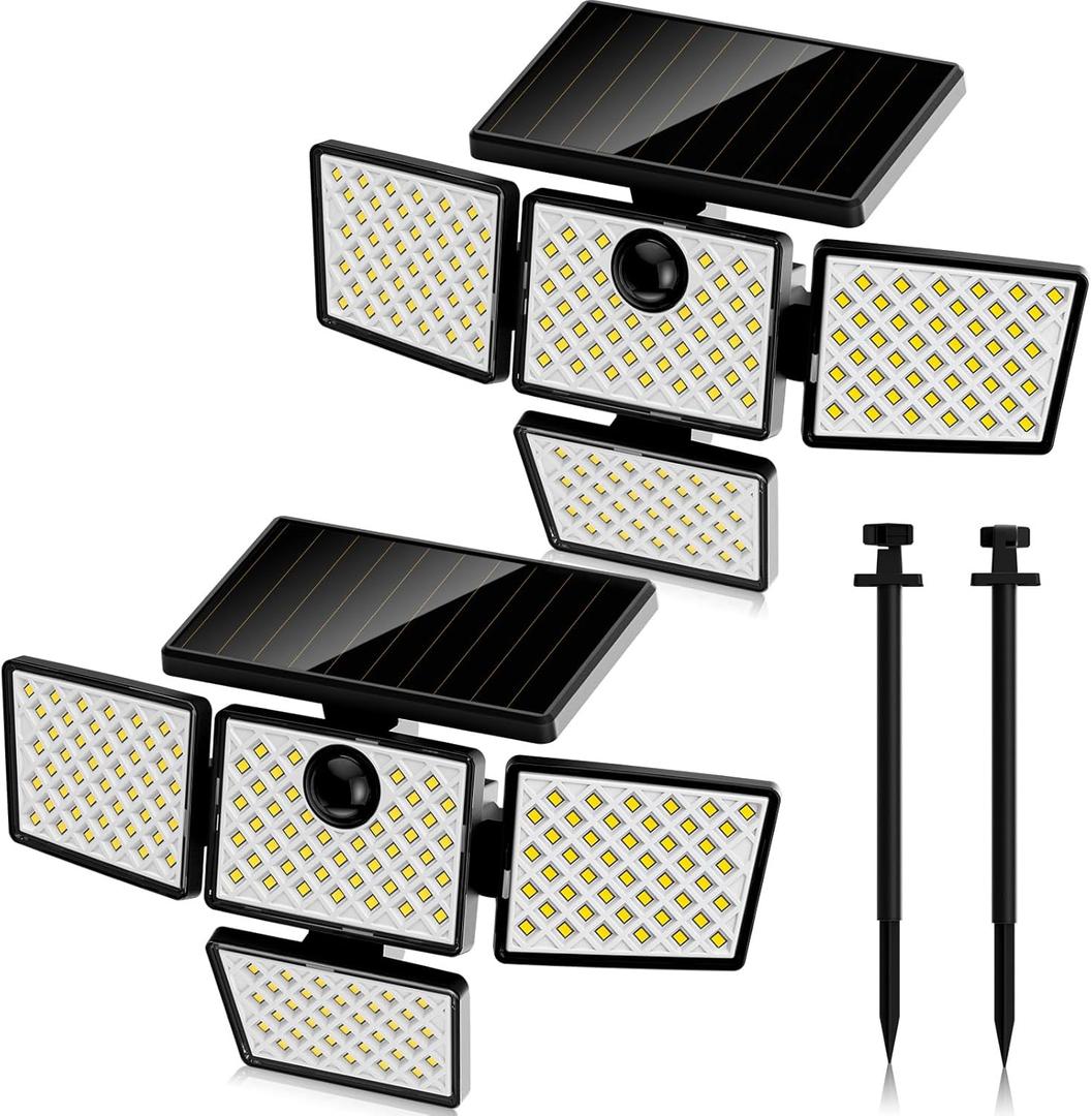 K KASONIC - Solar Motion Sensor LED Security Lights With 4 Heads, IP65 Waterproof Wall Flood Lights, Outdoor With Ground Stake for Garden Pathway Patio Yard, 2 Packs