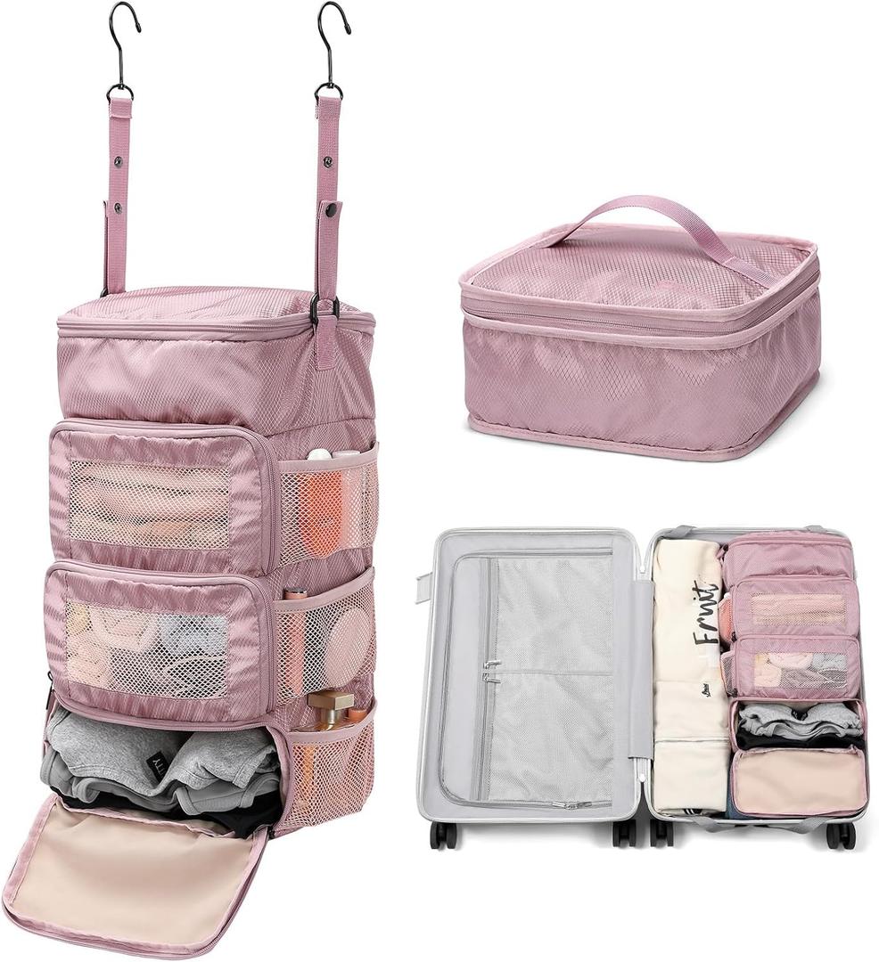 Multi-layer storage bag Casual simple Luggage Packing Organizer with Hook,Clothing Underwear Bag,Carry On Closet,Purple pink (Small)