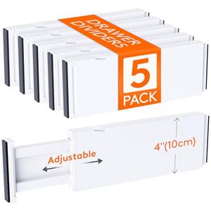 Lifewit 5 Pack Drawer Dividers 4" High, 11-17" Adjustable Dresser Drawer Organizers for Clothes, Expandable Dresser Separators in Bedroom/Bathroom/Kitchen/Vanity/Office Organization and Storage, White