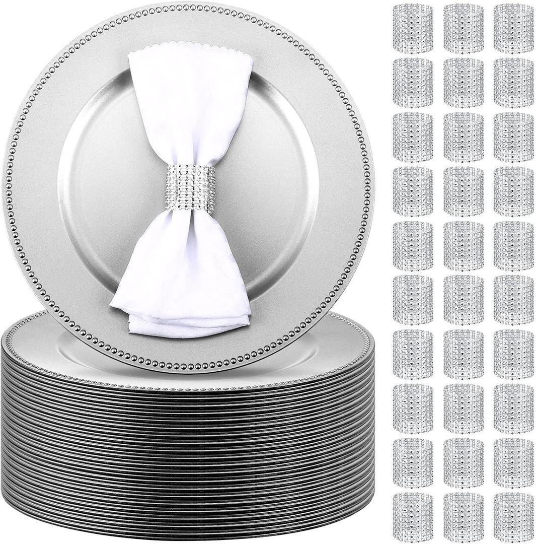 Tanlade Silver 200 Pcs Charger Plates Set Bulk with Napkin Rings 100 Plastic 13 Inch Round Beaded Charger Plates 100 Mesh Diamond Napkin Holder for Wedding Party Dinner Table Setting, Beaded Style