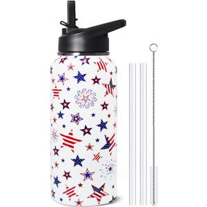 32oz 4th of July Flip Stainless Insulated Aater Water Bottle with Straw, American Flag Gym Hiking Sports Coffee Mug Cup Water Bottles,Patriotic Military Gifts For Veterans, Police