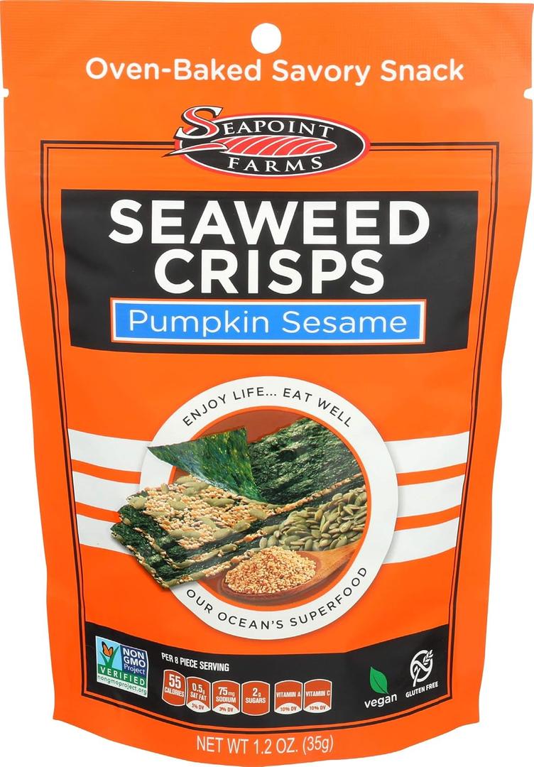 Seapoint Farms Seaweed Crisps, Pumpkin Sesame, Vegan, Gluten-Free, Kosher, and Non-GMO, Healthy Snack, 1.2 oz. Bag, (Pack of 12) (EXP 09/17/26)