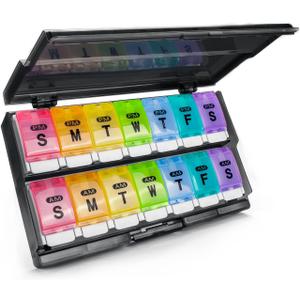 Extra Large Weekly Pill Organizer 2 Times a Day - Remtise Am/Pm Daily Pill Case Medicine Organizer, Push Button 7 Day Pill Box for Pills/Vitamin/Cod Liver Oil/Supplements (Rainbow)