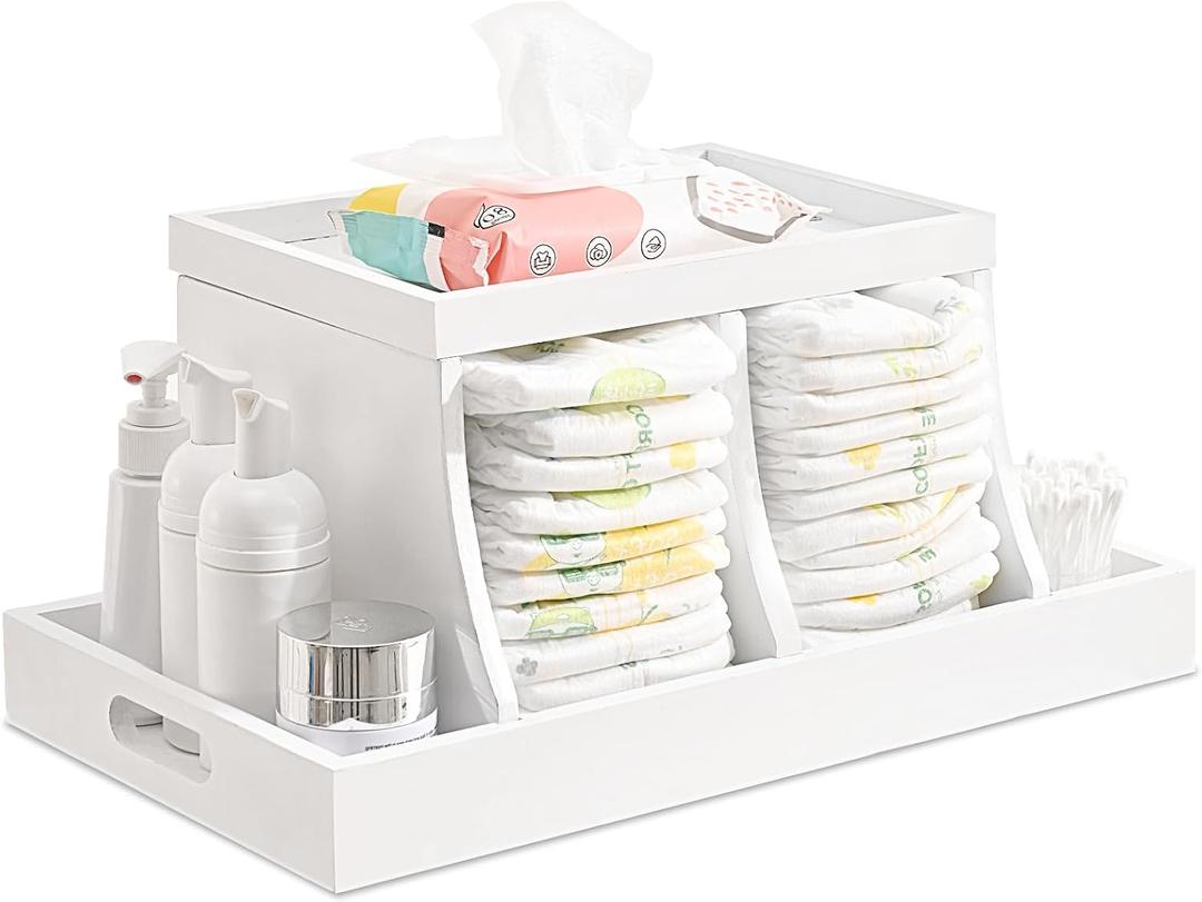 Diaper Caddy Organizer, Changing Table Organizer, Wooden Diaper Organizer for Nursery, Baby Diaper Storage Organizer with Removable Dividers (White, Rectangular Size)