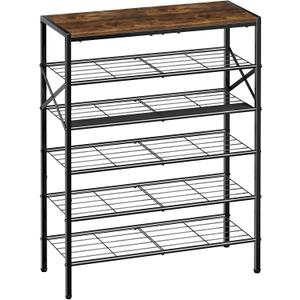 6-Tier Metal Shoe Rack Organizer Shoe Storage for Entryway 18-24 Pairs Narrow Shoe Rack for Closet Heavy-Duty Shoe Shelf with Wooden Top for Garage Rustic Brown