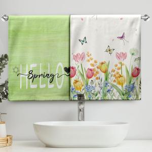Hello Spring Flowers Kitchen Towels Tulip Floral Bathroom Hand Towel Green Summer Tulip Butterfly Dish Towels Soft Absorbent Bathroom Towels for Farmhouse Home Kitchen Decor