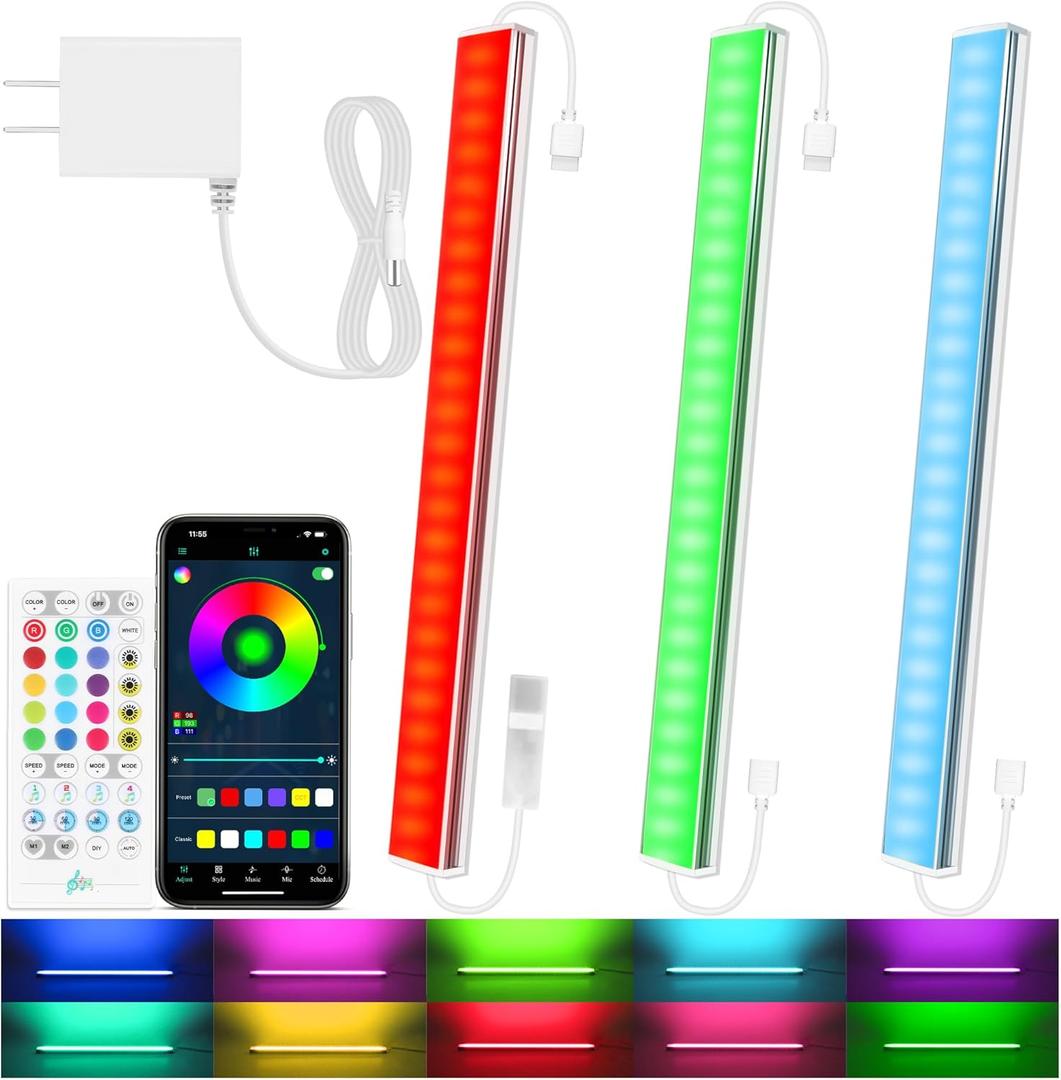 3 Pcs RGB Under Cabinet Lights Kit, Smart App and Remote Control Under Cabinet Lighting, Dimmable Under Counter Lights for Kitchen, Plug in LED Lights Bar for Cabinet, Counter, Workbench, Desk (Multicolor)