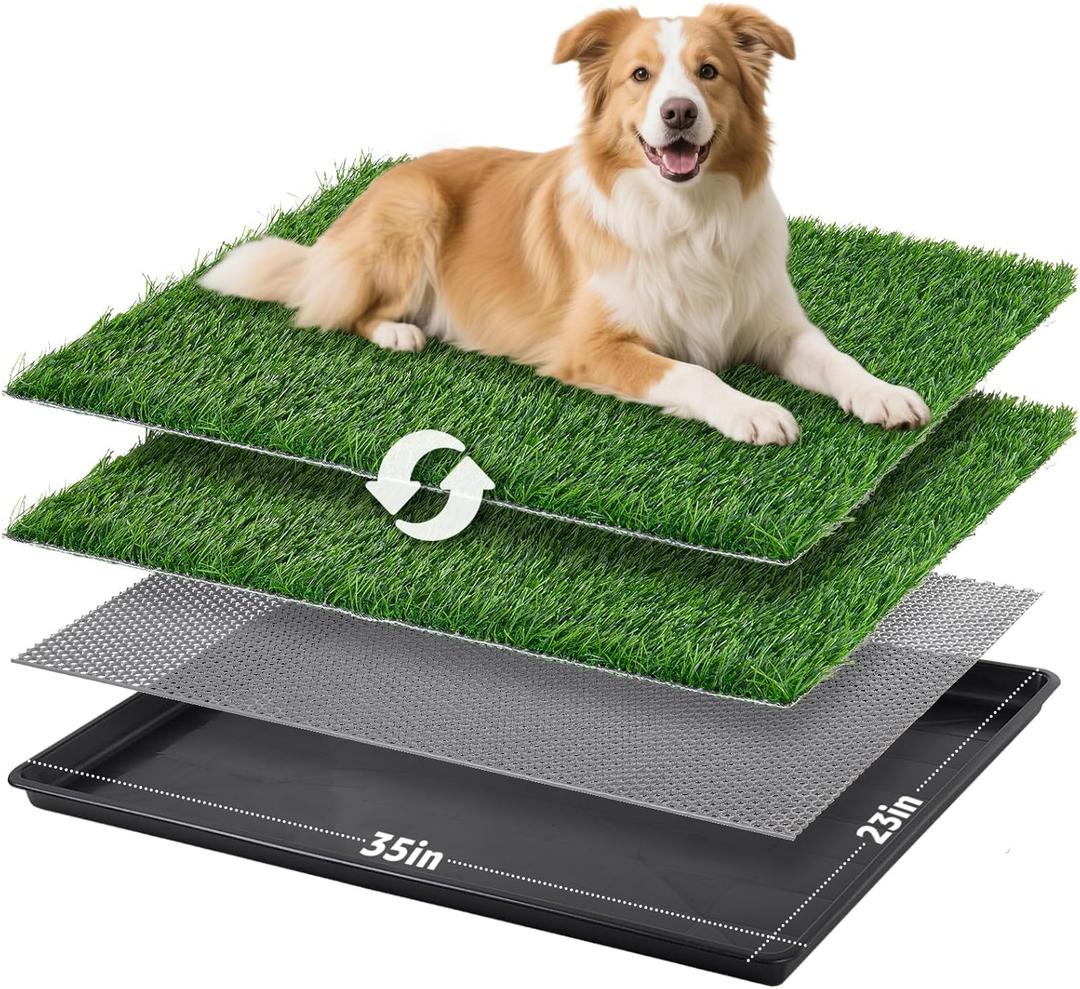 LOOBANI 35x23in Large Dog Litter Box: Dog Grass Pad with Tray with 2Artificial Grass Pads + 1Drainage Grate - Quickly Absorbent Portable Patio Potty for Balcony Apartment Indoor Outdoor Use