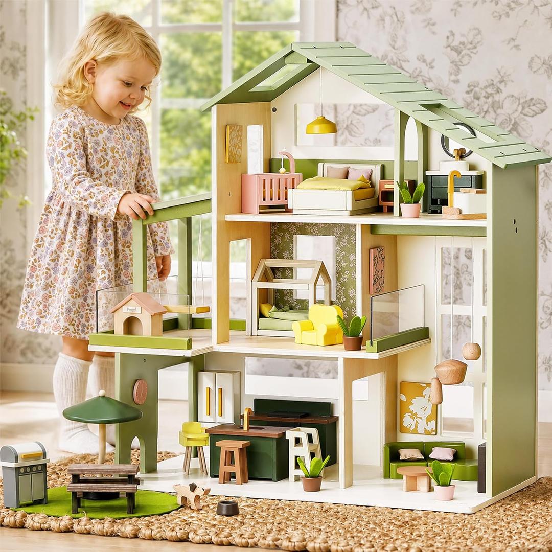 Tiny Land Wooden Doll House, Modern Family Dollhouse with Realistic Design, 27 x 24 x 12 inches