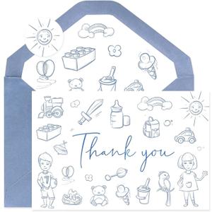Thank You Card Set for Baby Showers - 48 Pack with Envelopes & Stickers, Adorable Blue Cartoon Theme Blank Cards for Newborn Parties