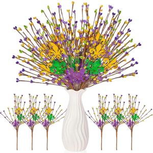 XunYee 24 Pack Mardi Gras Artificial Berry Picks Artificial Berry Centerpiece Decorations for Mardi Gras DIY Craft Vase Bouquet Home Table Party Decoration