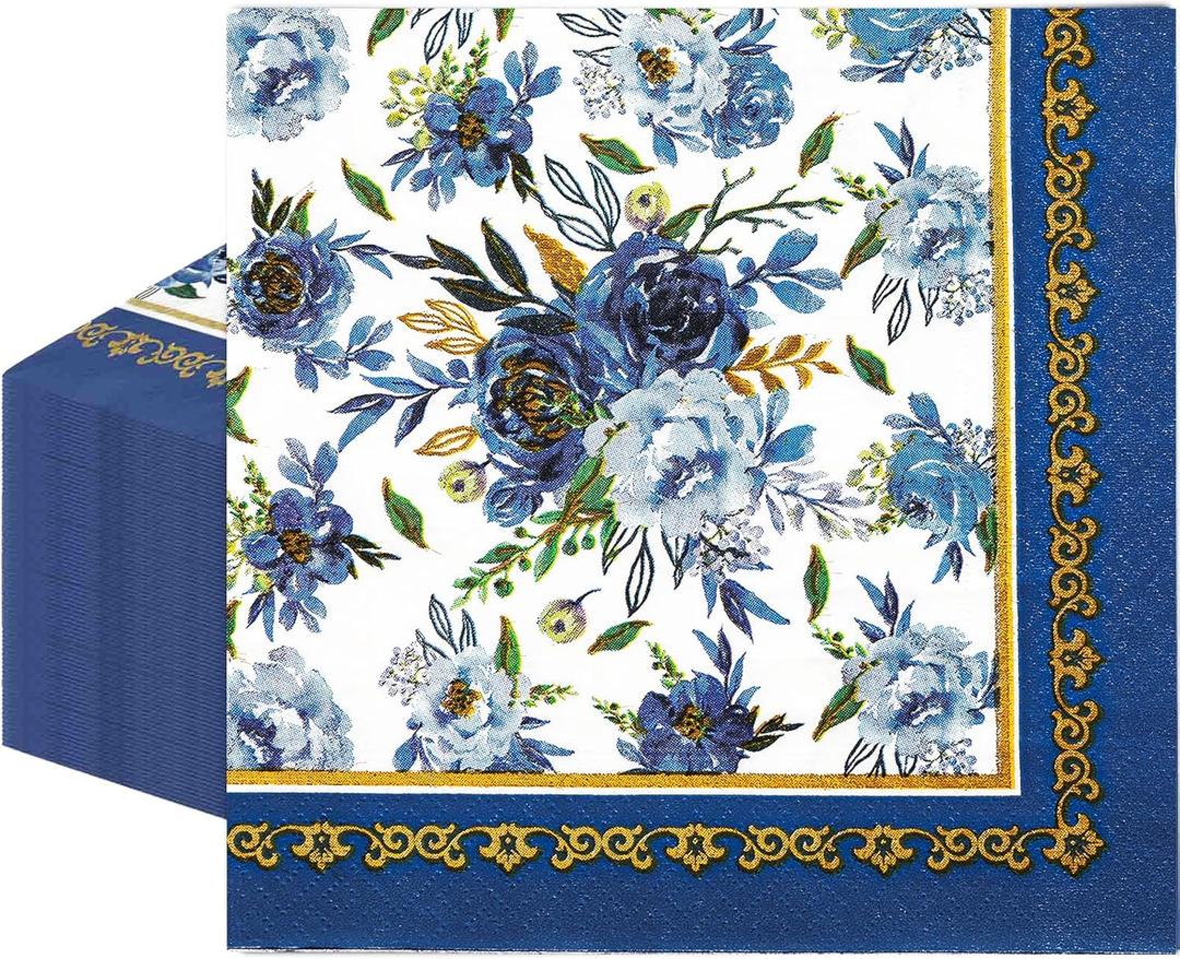 AnyDesign 80 Pack Navy Blue Floral Paper Napkins Blue White Flower Disposable Luncheon Napkins Gold Foil Frame Dessert Dinner Hand Napkin for Home Kitchen Wedding Birthday Baby Shower