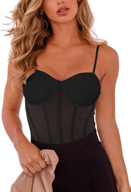 REORIA Women's Trendy Sexy Mesh Sheer Spaghetti Strap Going Out Slimming Bustier Corset Bodysuit With Built In Bra (Medium, Black)