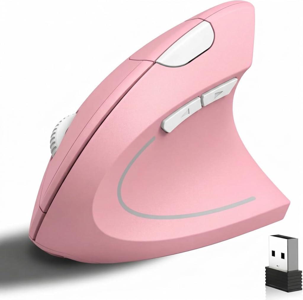 Ergonomic Vertical Wireless Mouse Stylish Rechargeable 2.4G Optical Mice Cordless Mouse with USB Receiver, 800/1200 /1600 DPI, 5 Buttons for Laptop,PC,Mac,Computer (Pink)