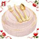 DaYammi 150Pcs Pink Plastic Plates with Gold Rimmed & Gold Silverware,Pink Disposable Plates for Party Include 30 Dinner Plate,30 Dessert Plate,30 Knives,30 Forks,30 Spoons for Mother's Day Party