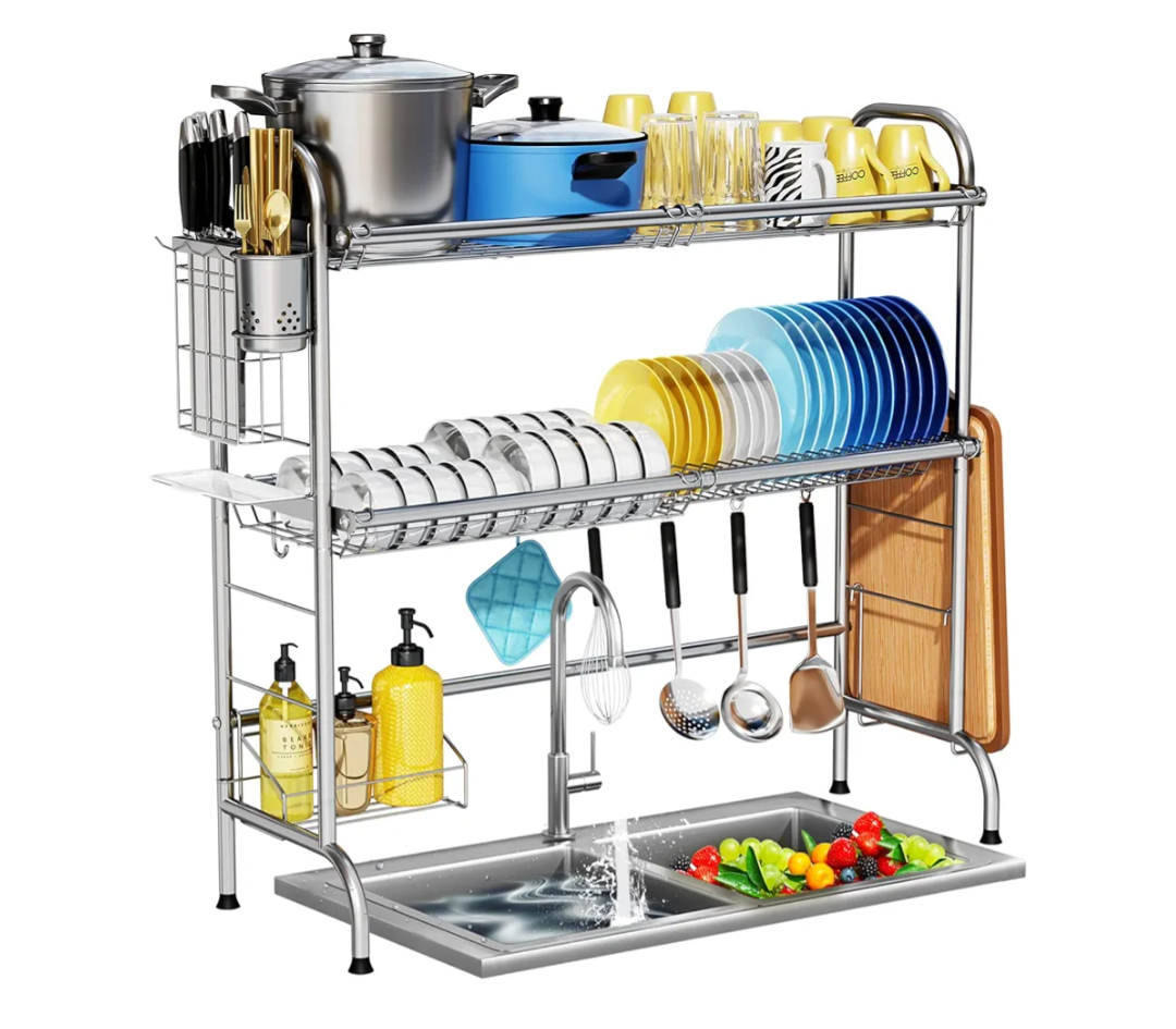 Stainless Steel 2-Tier Over The Sink Dish Drying Rack with Utensil Holder, Large, for Kitchen Counter