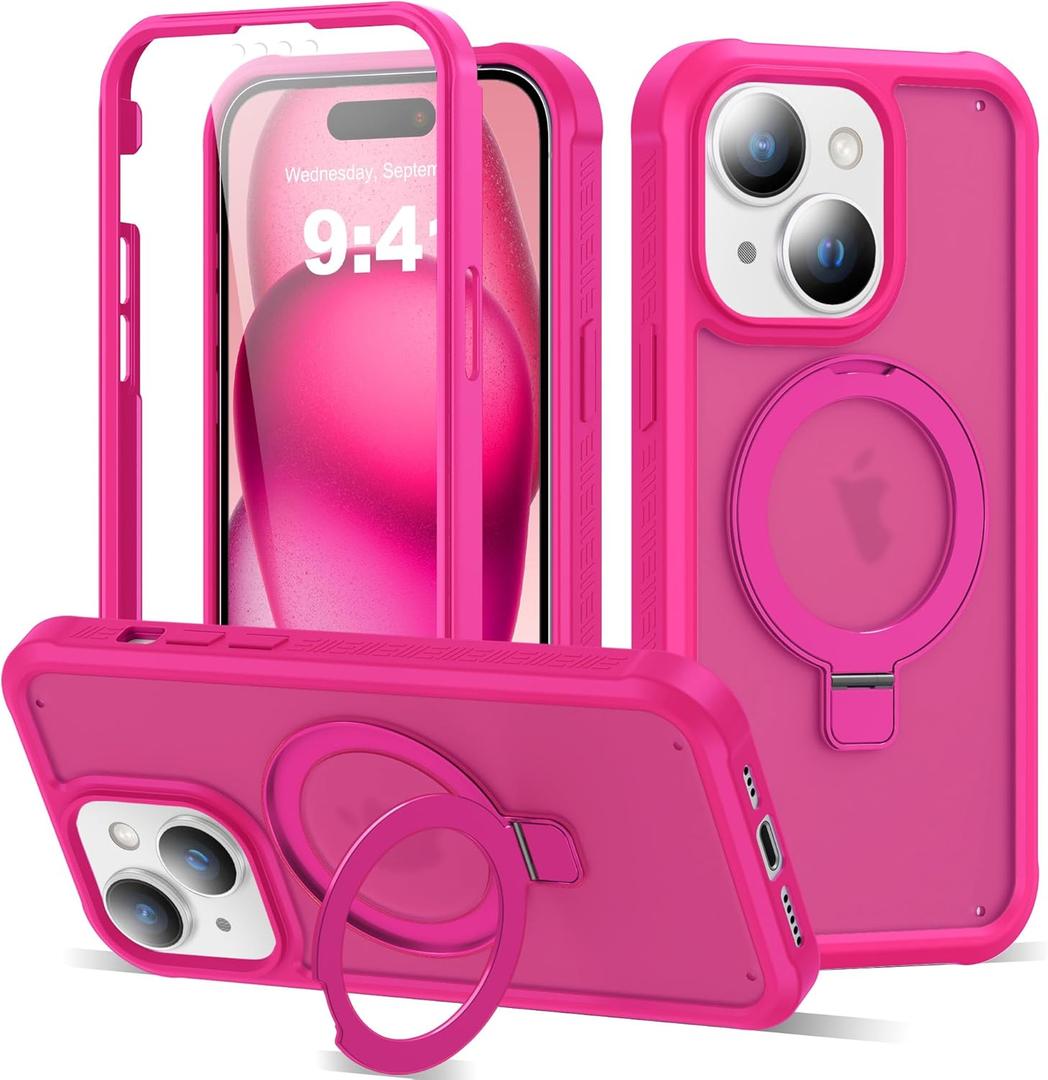 Compatible with iPhone 15 Plus Case with Magnetic Ring Stand [Compatible with Mag-Safe] [Built-in Screen Protector] Military-Grade Drop Protection Matte Translucent Phone Case, Rose Red