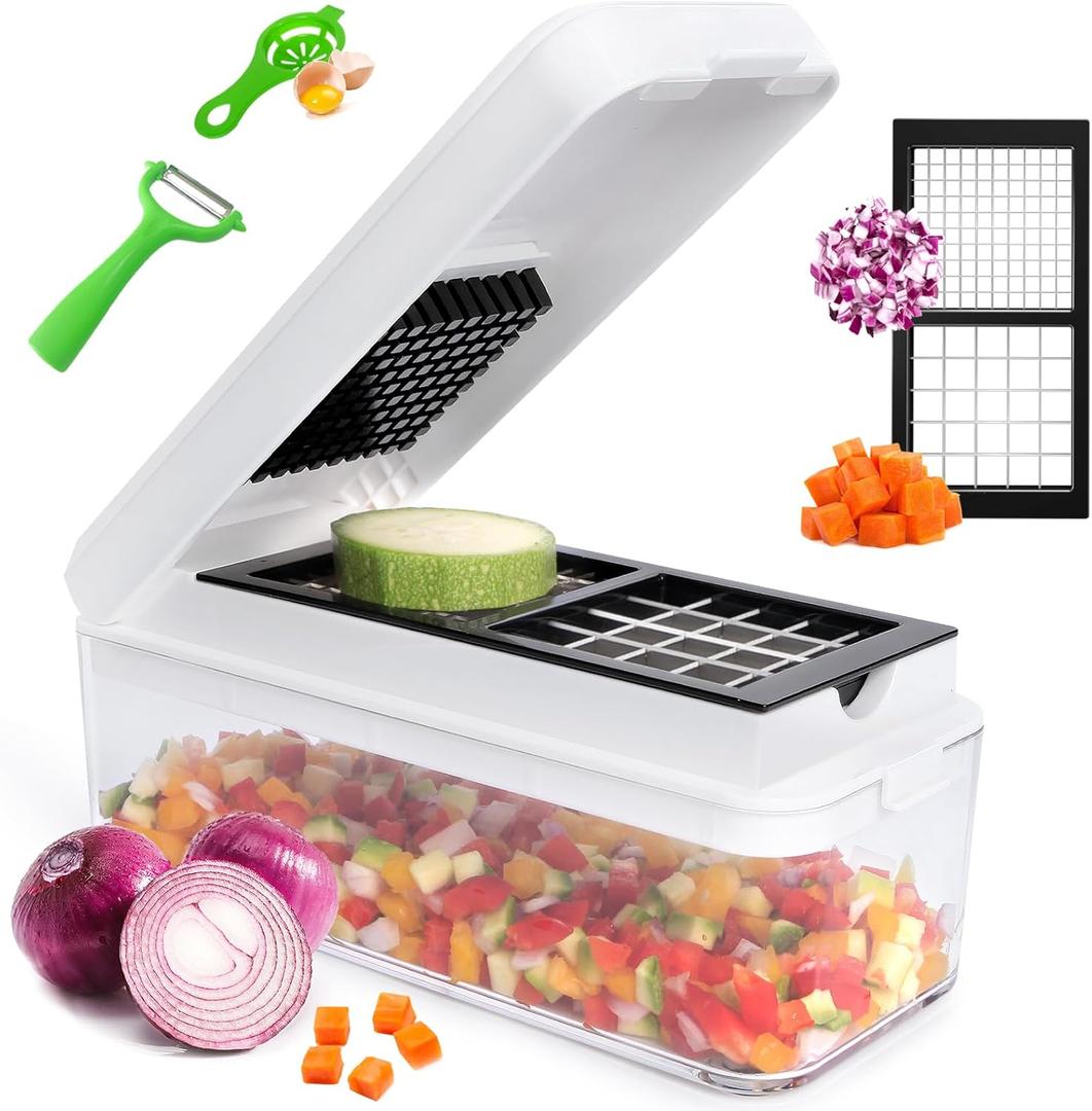 Vegetable Chopper, Multi-functional Food Chopper, 4 in 1 Onion Slicer Vegetable Cutter, Onion Chopper, Veggie Slicer, Food Chopper with Container and Lid (White) (2 Blades)