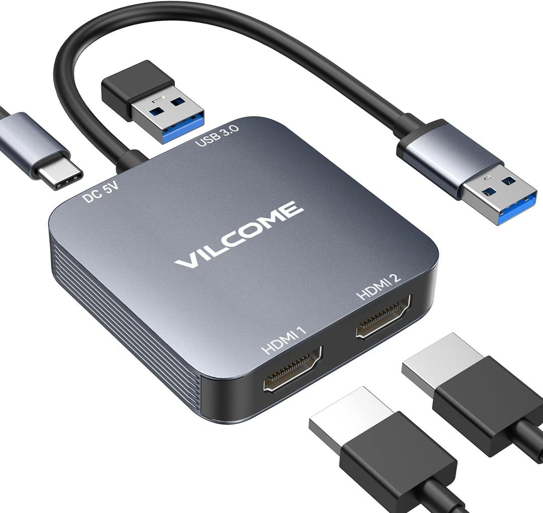 vilcome USB to HDMI Adapter, USB 3.0 to Dual HDMI Adapter with USB 3.0 Port, Audio Video Graphics Converter Cable for Laptop Monitor Desktop TV, Compatible with Mac OS, Windows