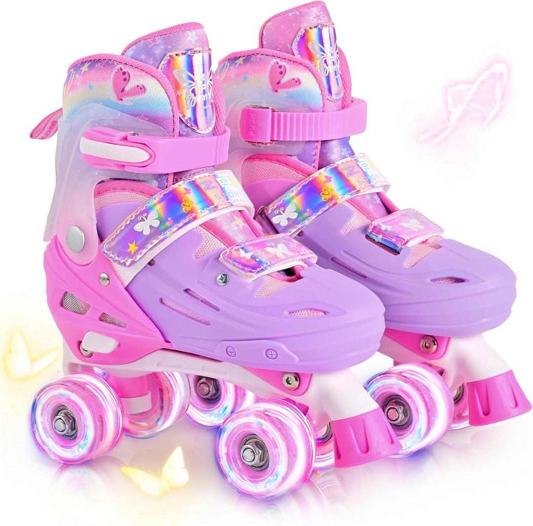 2PM SPORTS Roller Skates for Girls Boys Kids Age 4-6 5-8 6-12 8-12 with Light Up Wheels, Adjustable Youth Rollerskates Size 10C 11C 12C 13C 1 2 3 4 5 6 (Medium - Big Kid, Rose Red)