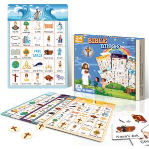 GRANDLMOON Bible Bingo Game 24 Players 6 Designs Christian Bible Bingo Card Religious Game Activities for Vacation Bible School Christian Sunday Church Easter Gift Family Open Day Supplies Box