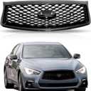 For 2018 2019 2020 2021 2022 2023 Infiniti Q50 Front Bumper Upper Grille Gloss Black Mesh Grill W/Sensor hole 623106HH0A