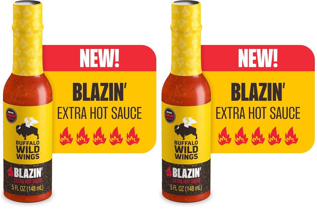 Buffalo Wild Wings Blazin' Hot Sauce, 5 fl oz, Extra Hot Dipping Sauce, Marinade and Seasoning for Chicken Wings and Pork Ribs, Made with Spicy Cayenne and Scorpion Peppers, 2 Pack, BBD 06/09/2027(Small)