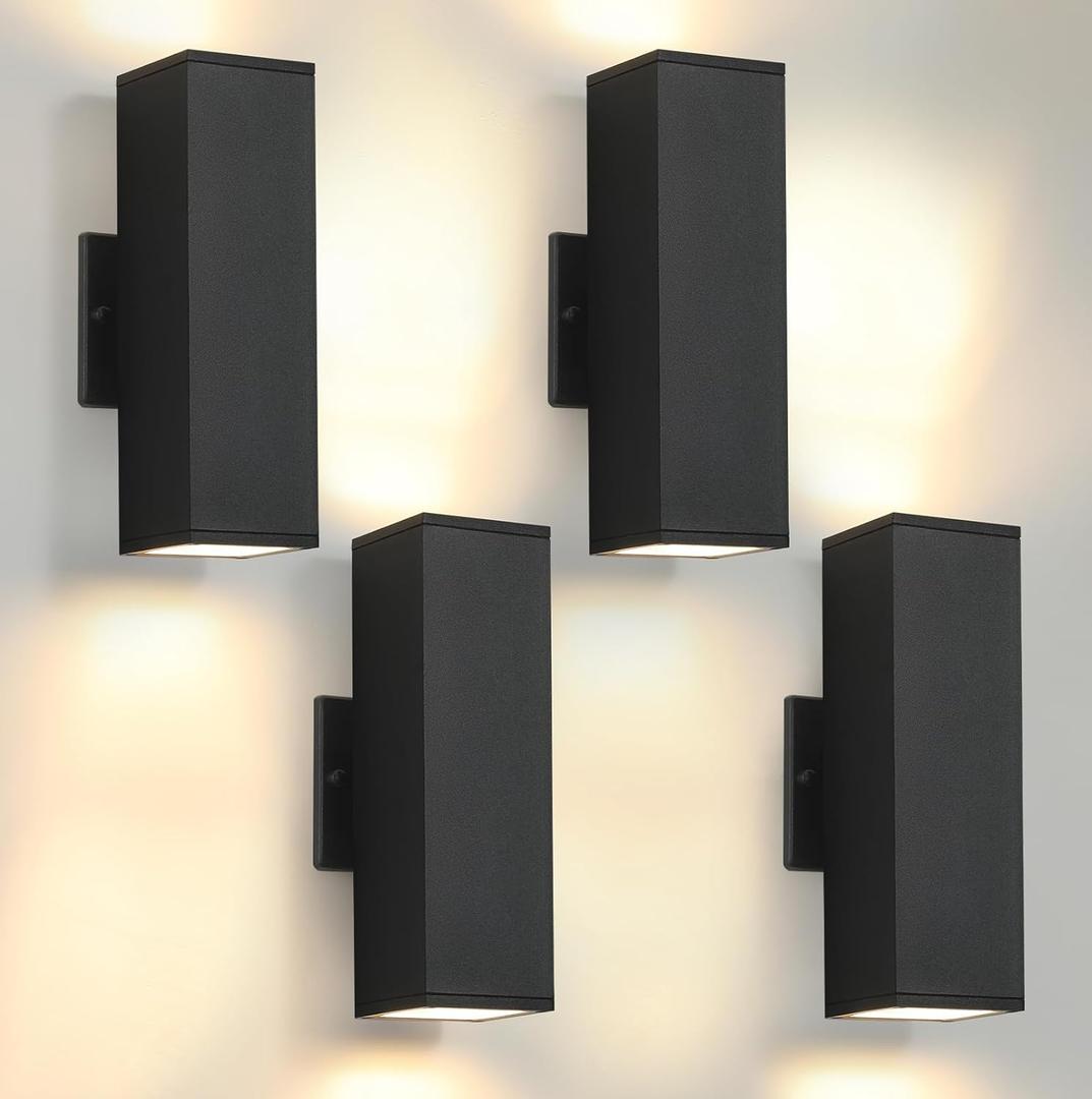 tewei 4 Pack LED Square Up and Down Lights Outdoor Wall Lights, Matte Black Exterior Lighting Fixtures with 7W LED Bulbs, Modern Outdoor Lights for House, Garage, Porch, Doorway