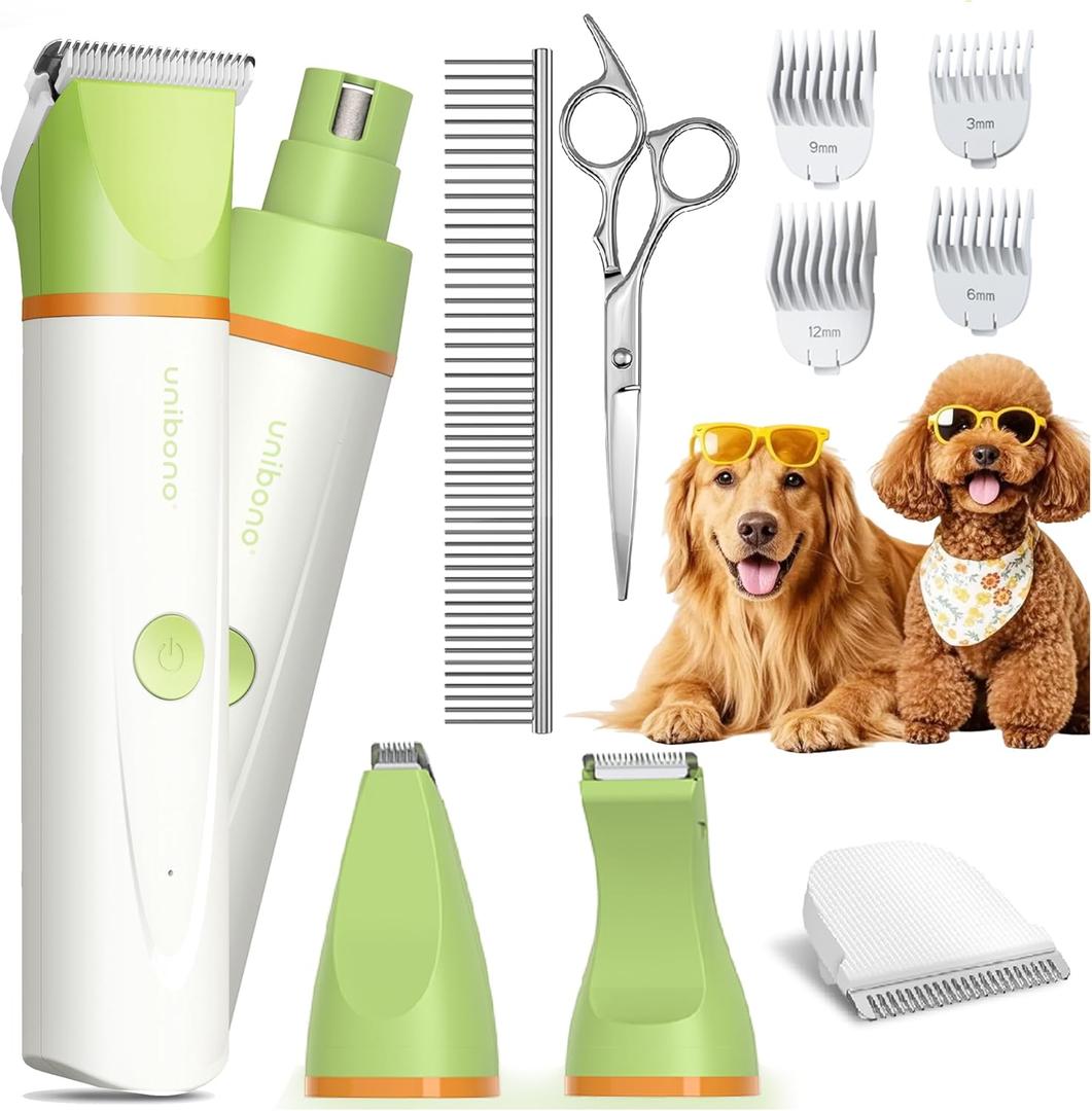 Dog Clippers with Paw Trimmer, All-in-One Dog Grooming Kit Low Noise Electric Rechargeable Small Quiet Foot Razor Pet Hair Shaver with Stainless Steel Scissors Guards for Dogs Cats at Home (Green)