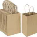 Oikss 100 Pack 5.25x3.25x8.25 Inch Small Plain Natural Kraft Paper Gift Bags with Handles Bulk for Birthday Party Favors Grocery Retail Shopping Business Goody Craft Bags Cub Sacks (Brown 100 Count)