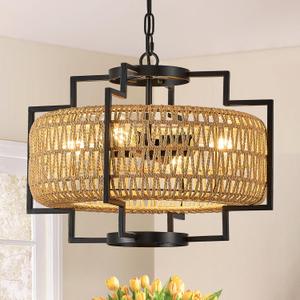 20" Boho Woven Chandeliers 4-Light Hand Rattan Ceiling Pendant Light Fixture Farmhouse Hanging Lighting for Kitchen,Bedroom, Dining Room, Hallway, Entryway, E26, Lantern-20''-V