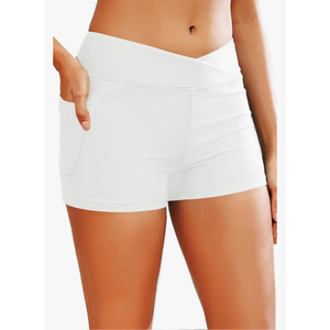 Women 3" High Waisted Swim Board Shorts V Cross Boy Shorts Swim Bathing Suit Bottoms Swimwear with Pockets Size M
