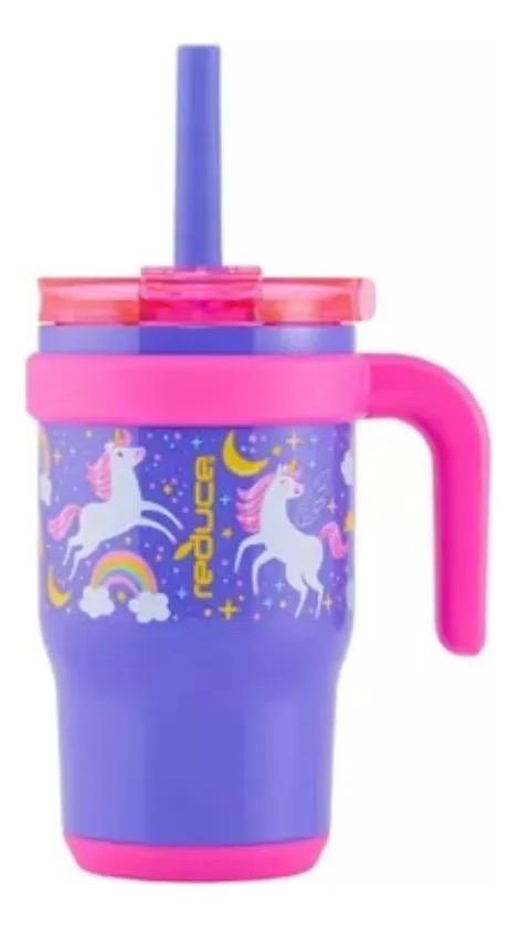 REDUCE 14 Oz Coldee Kids Tumbler with Lid and Straw - Coldee Insulated Travel Mug - Spill-Proof, Sweatproof Stainless Steel, BPA-Free - Includes Handle, Reusable Silicone Straw - Unicorn Magic