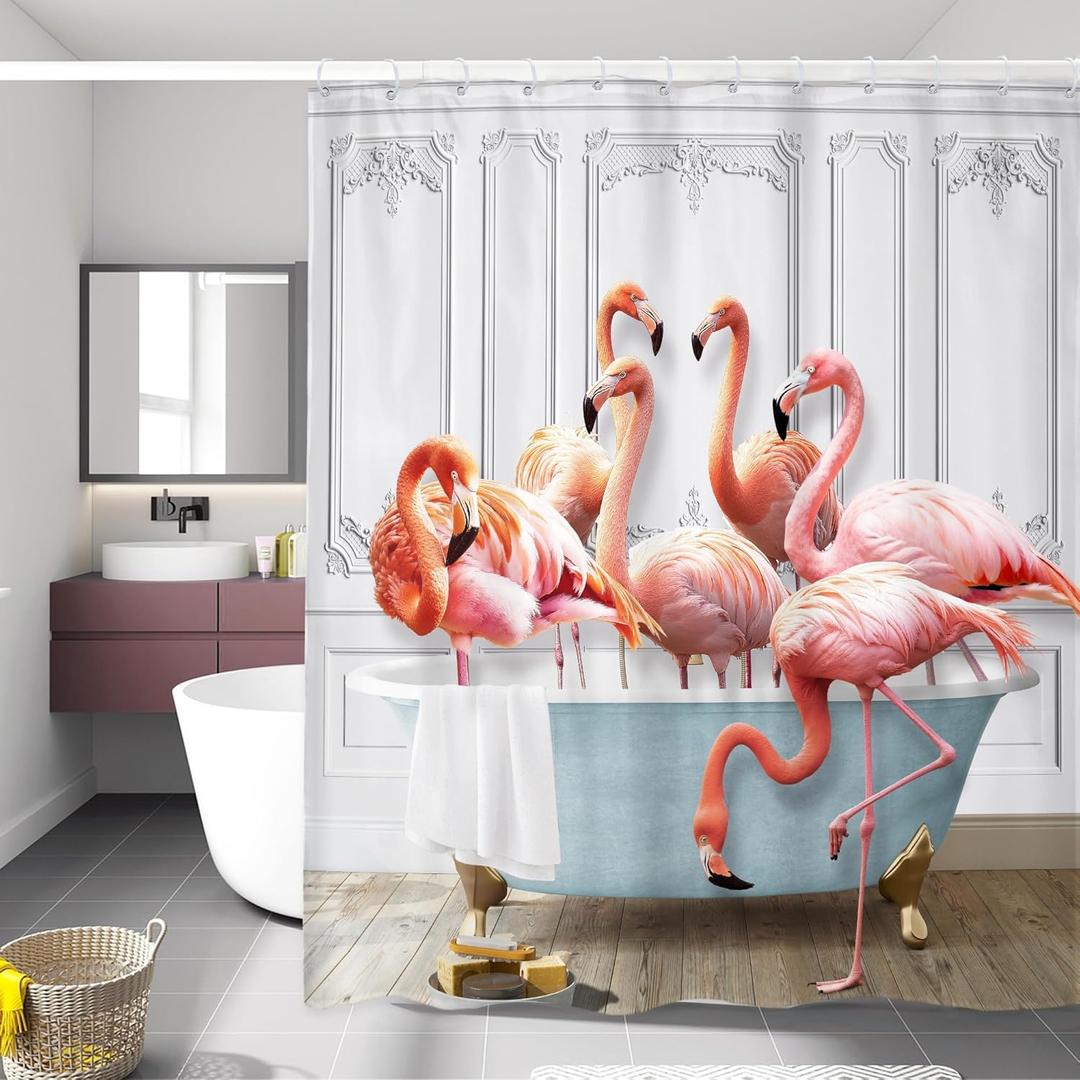 LIGHTINHOME Funny Flamingo Shower Curtain 60Wx72H Inches Tropical Animal Bathing in Bathtub Pink Wildlife Modern for Girls Women Cloth Fabric Waterproof Polyester Bathroom Home Decor Set with Hooks