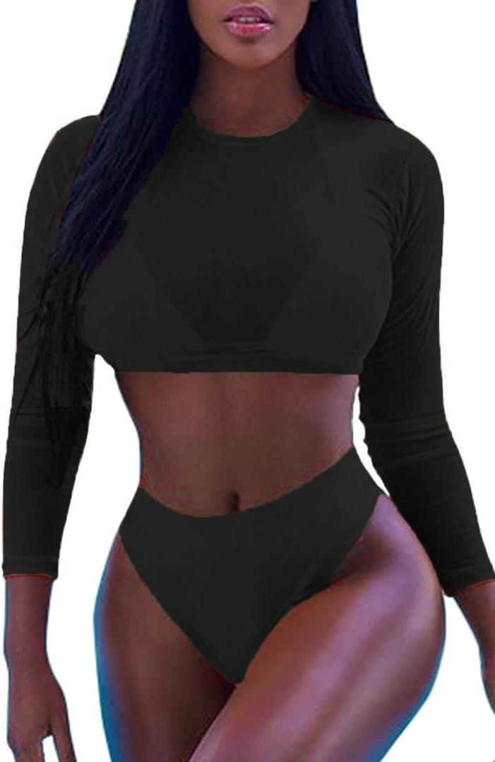 Meyeeka Womens Sexy High Waist Rash Guard Swimwear Long Sleeve 3PCS Swimsuit (Medium, Black)