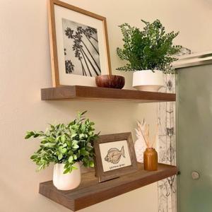 IAE Walnut Floating Wall Shelves, 16 inch - Bathroom & Kitchen Mounted, Invisible Wooden Shelves with Brackets, Easy Install - Set of 2